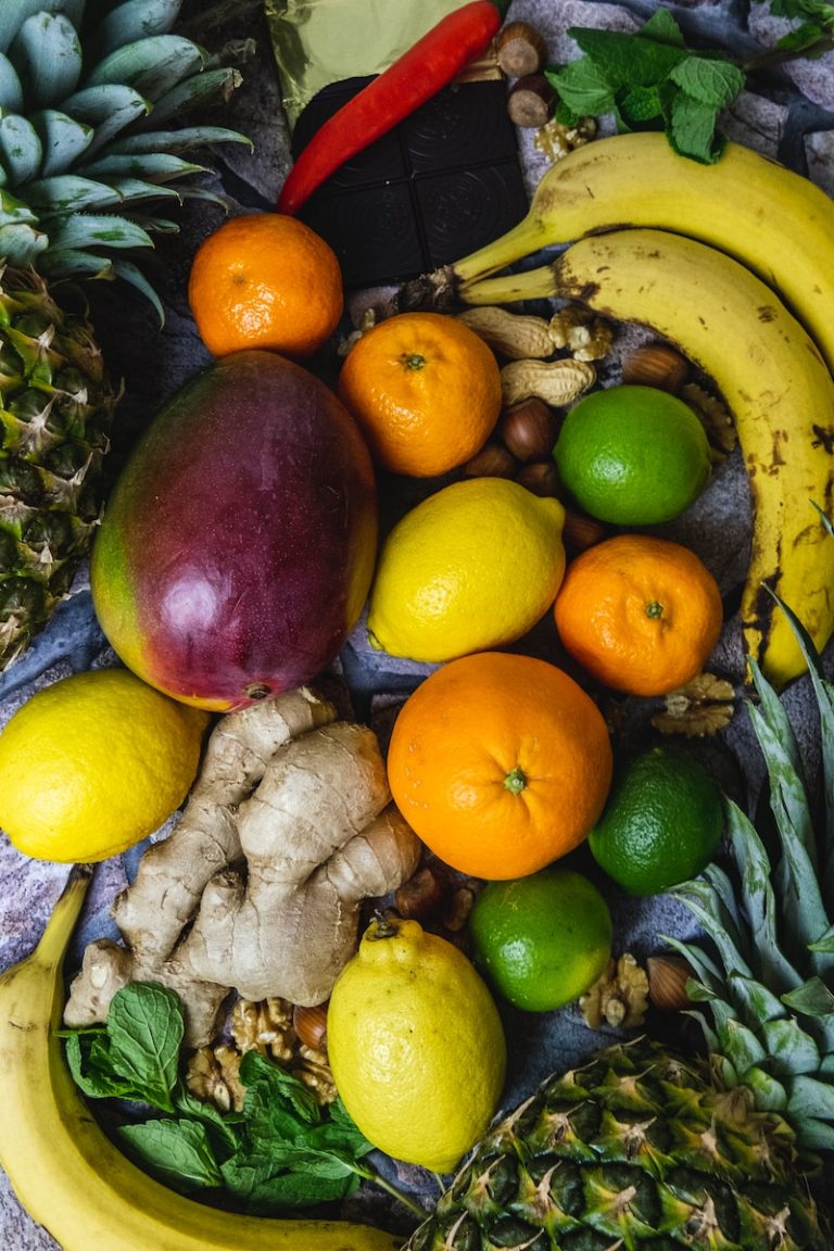 lemon, avocado, ginger, orange fruit, bananas and calamdin